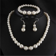 Faux Pearl Necklace Earring and Bracelet Black Costume Jewelry Set New 5661