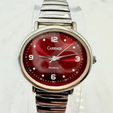 Carriage by Timex Womens Red Oval Dial Watch, Silver Tone, New Battery, Sz 6.5"