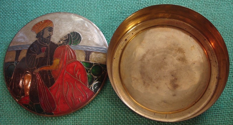 Brass Box w Enameled Cloisonne Lid Man Woman Drink Mandolin Arabic India Europe