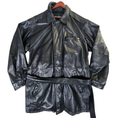 Wilsons Leather Jacket Women's 1X Black Belted Trench Coat Lined Moto