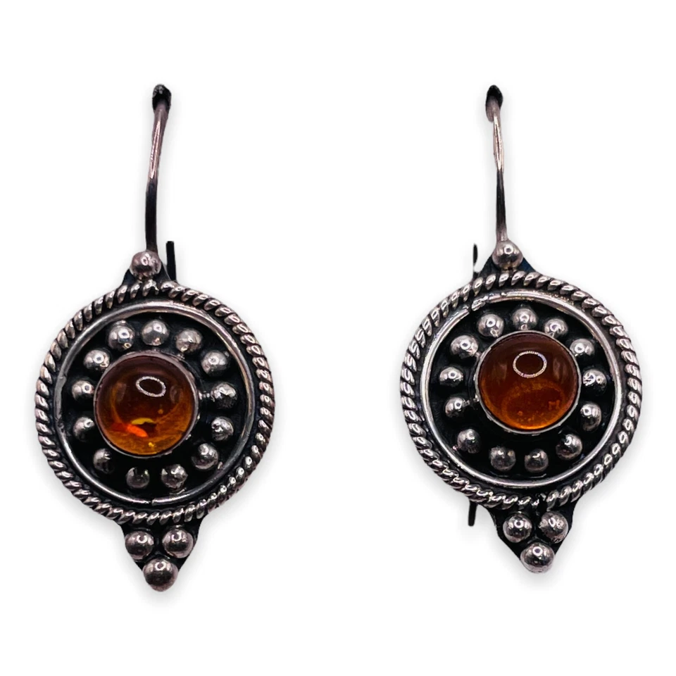 Natural Baltic Amber 925 Sterling Silver Hook Bali Drop Earrings Vintage - Image 3 of 4
