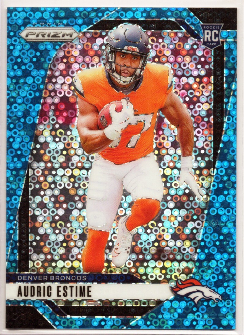 2024 Panini Prizm - Audric Estime #306 No Huddle Blue Disco /99 SP (RC)