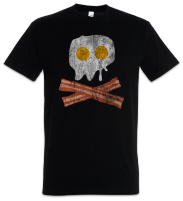 Bacon & Egg Skull T-Shirt Fried Egg Fun Geek Nerd Pirate Bones Addicted