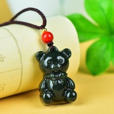 Natural Green Jade Carved Teddy Bear Pendant Unisex Necklace Jewelry