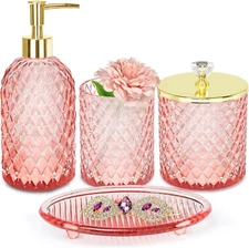 4 Pcs Glass Bathroom Accessory Set - Soap Dispenser Toothbrush Holder Soap Dish+