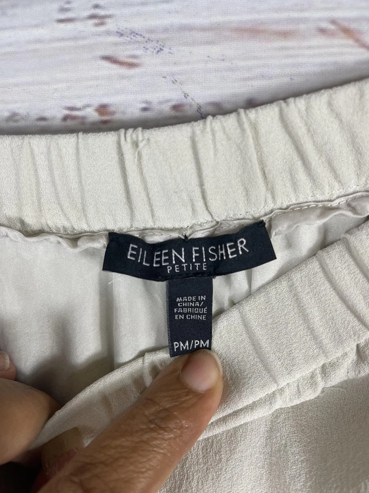 Eileen Fisher Pants Womens Petite Medium Ivory Silk Wide Leg Cropped Pull On - Image 3 of 4