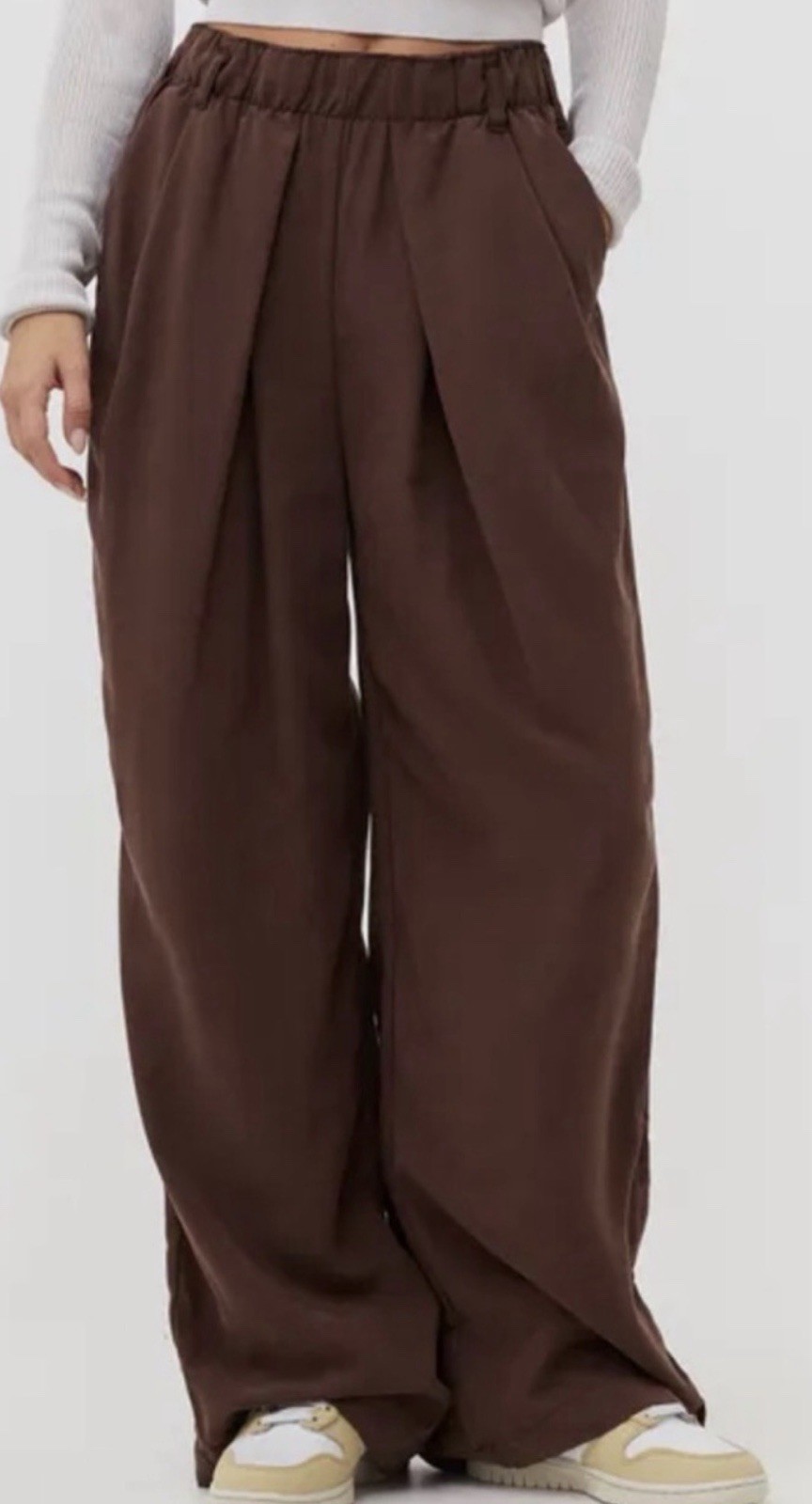 Free People Nothing To Say Pleated Wide Leg Pull On Brown Trousers Women's Sz S
