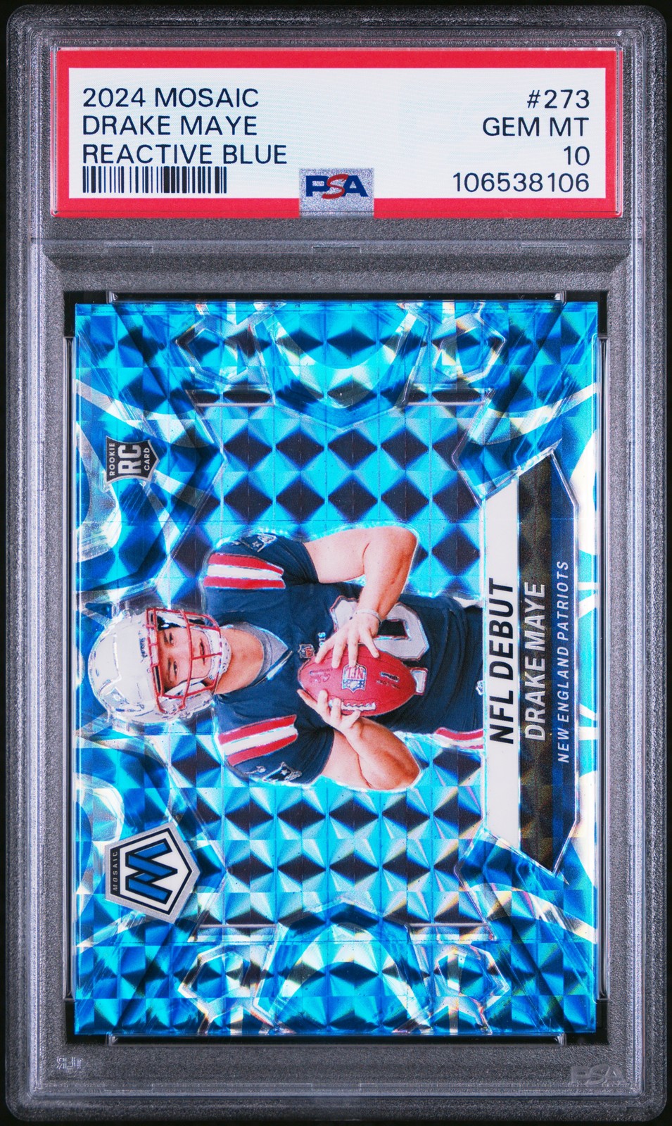 2024 Panini Mosaic Drake Maye Mosaic Reactive Blue PSA 10