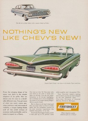 1959 Chevy Impala Sport Coupe & Bel Air 4-Door Sedan - Fisher Body -Print Ad Art
