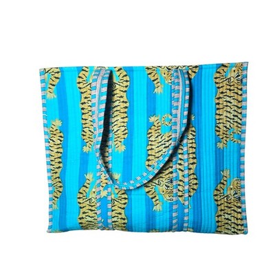 Traditional Floral Striped Handblock Print 100% Cotton Shoulder Tote Bag