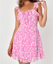 Lulus Livi Pink White Floral Ruffle Mini Skater Dress L