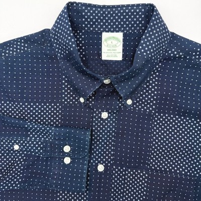 Brooks Brothers Button Down Mens L Navy Milano Floral Polka Dot Checkered Shirt