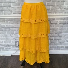 House of Harlow 1960 Eyelet Tiered Maxi Skirt Yellow Cottage Feminine Medium