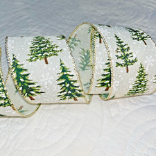 Christmas Tree Snowflakes Cream Backing Wired Edge Ribbon 2.5"x10 yds Brand New