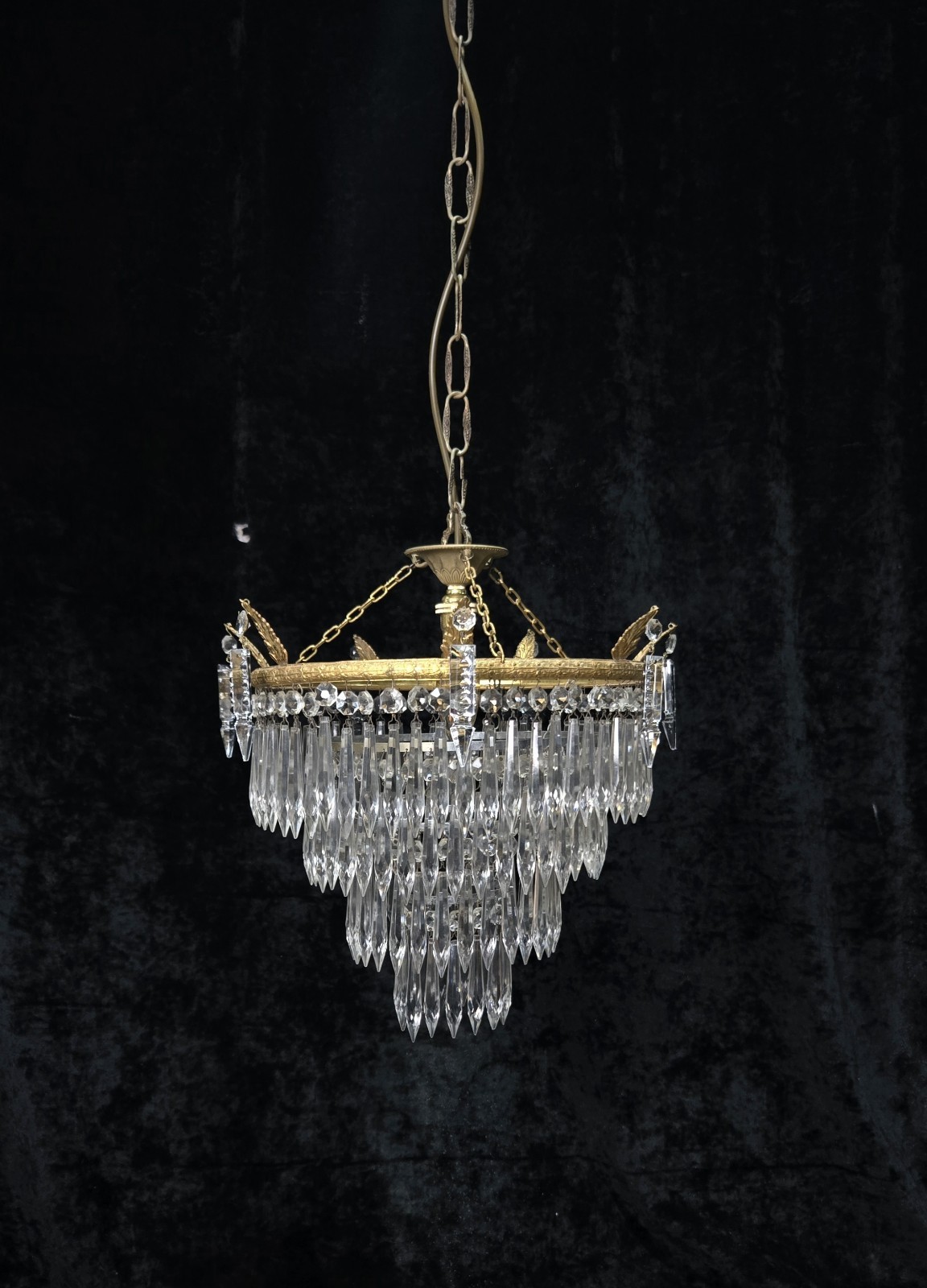 Beautiful Antique French Brass 4 Tier Crystal Waterfall Chandelier Ceiling Light
