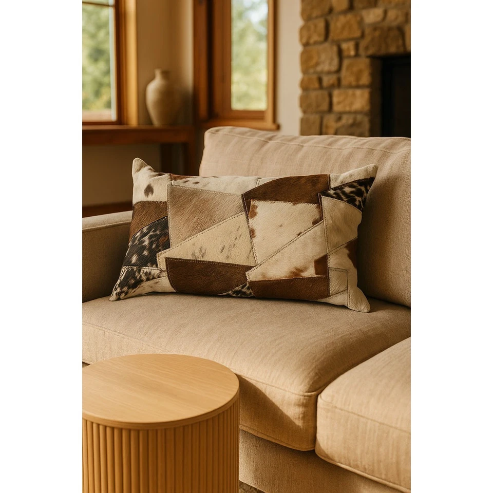 Lumbar Patchwork Cowhide Leather Cushion - Rustic Luxe - Image 2 of 4