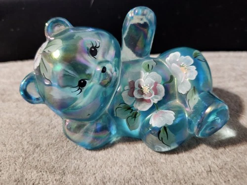 Fenton Iridescent Blue Reclining Bear Figurine Hand Painted & Signed