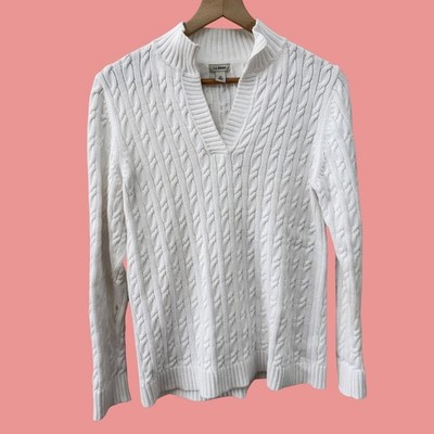 L.L. Bean Sweater Size M White Cable Knit Split Neck Mock Cotton