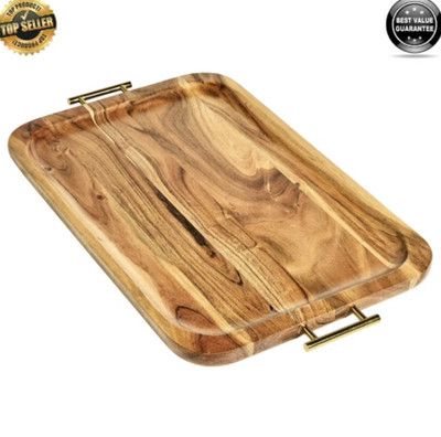 Acacia Wood Rectangle Tray with Gold Color Handles Lightweight Durable One Size