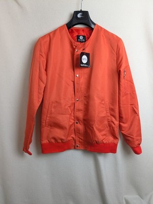 Boohoo Mens Size Small Orange collarless button up bomber jacket New