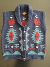 Eddie Bauer 100% Wool, Full Button, Knit Sweater Vest with Southwestern Motif 