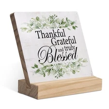 Thankful Grateful Blessed Greenery Wood Plaque with Wooden Stand,Rustic Posit...