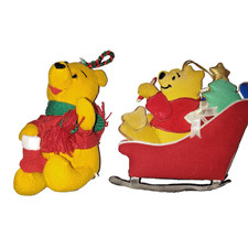 VTG 1990s Winnie the Pooh Christmas Ornaments Plush  Fabric Sleigh Disney Set