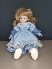 Vintage Ceramic Doll with Blue Lace Dress and Hair Bow H40cm