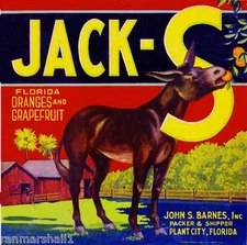 Plant City Florida Jack-S Donkey Mule Orange Citrus Fruit Crate Label Art Print