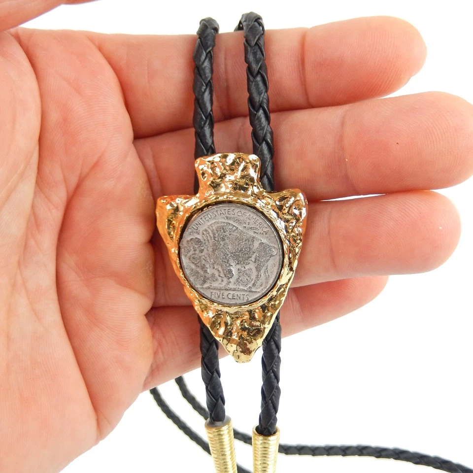 Buffalo Coin Gold Arrowhead Bolo Tie 36 inch Adjustable Braided Cord Made In USA - Image 4 of 4