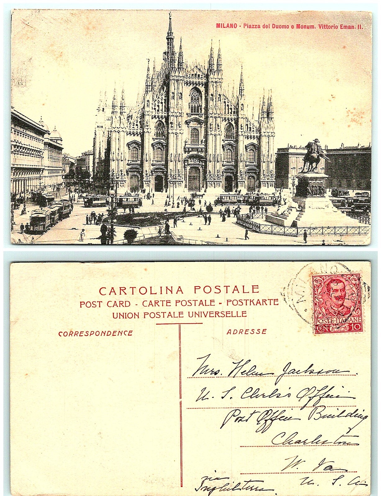 S02-5313, Piazza Del Duomo, Milano, Italy 1900S To Usa, Postcard