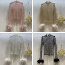 Women Rhinestone Crystal Blouse T Shirt Feather Cuff Mesh Shiny Glitter Tops