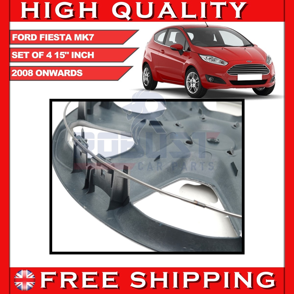 15 Inch Wheel Trim Hub Cap Cover For Ford Fiesta (2008+ Onwards) – Silver, Plastic, Robust Car Parts
