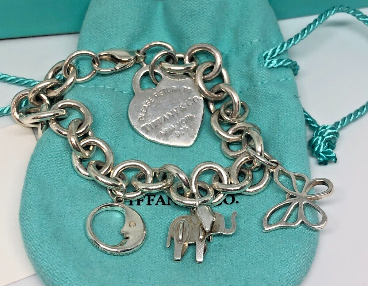 Tiffany RTT Heart Bracelet with Save Elephant Charm, Moon Charm