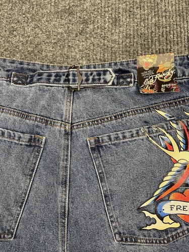 Ed Hardy Women 34 Born Free Painted Birds Loose Wide Leg Skater Denim Y2K NEW - Picture 11 of 18