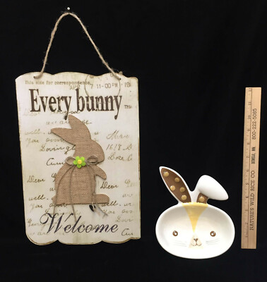 Happy Easter Welcome Sign Wall Hanging & Candy Dish Bowl Bunny Rabbit Lot 2