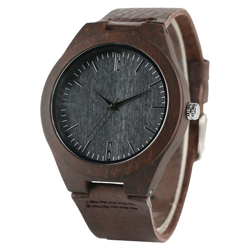 Reloj de pulsera creativo de cuarzo con correa de cuero genuino marrón madera natural de bambú para hombre - Imagen 1 de 10