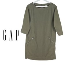 GAP Quilted Zippered-Pockets Shift Dress, Olive Green, Size S