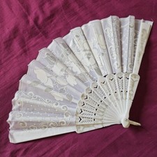 Foldable Peacock Fan -WHITE FLORAL Print With Silver Glitter Ornate Handheld Fan