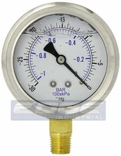 LIQUID FILLED VACUUM GAUGE -30-0 PSI, 2.5" FACE, 1/4" NPT LOWER MOUNT WOG