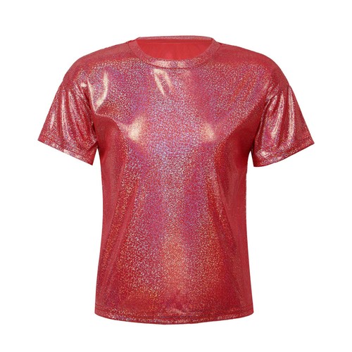 Kids Girls Boy Shiny Metallic Short Sleeve T-Shirt Jazz Hip Hop Ballet Dance Top - Picture 25 of 37