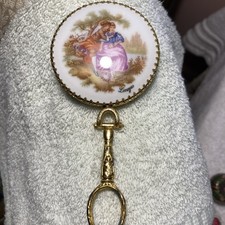 Limoges Fragonard Porcelain Hand Mirror, Courting Couple, Gold Tone