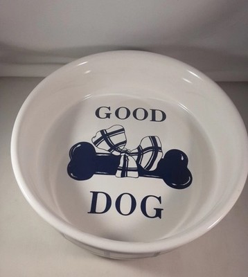 Vtg  9''  CURZON Blue & White Ceramic Bone Bow GOOD DOG Pet Food Water BOWL Dish