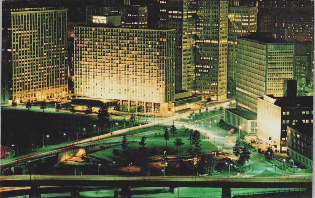 Aerial View Downtown Pittsburgh, Hilton Hotel at Night  Vintage Postcard