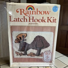 VINTAGE RAINBOW CREATIONS LATCH HOOK KIT "MUSHROOMS" 20" X 27" NEW  SEALED BOX