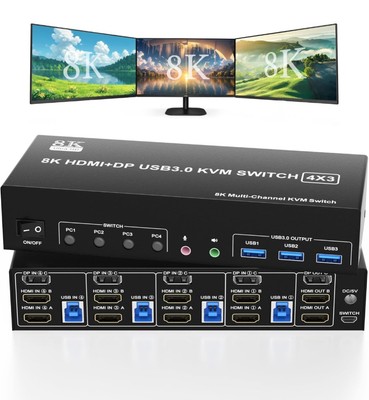 NEW Rytaki Pro KVM Switch 3 Monitors 4 Computers 8K 60Hz 4K 144Hz HDMI DP