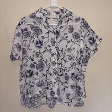 Cynthia Rowley White 100% Linen Floral Flower Button Front Shirt Top Women Small