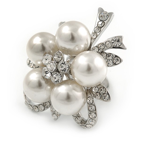 Diamante Simulated Pearl Daisy Cocktail Ring In Rhodium Plated Metal - 45mm D -