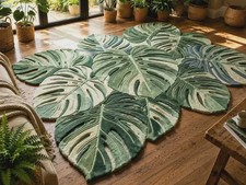 Hand-Tufted Wool Monstera Leaf Rug, Green Bot...