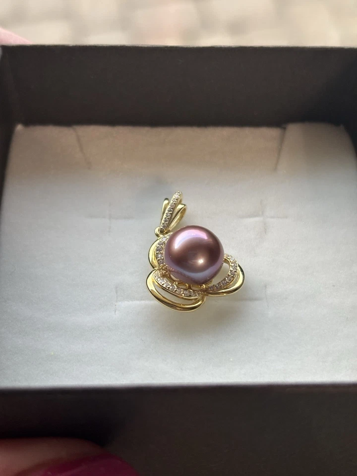 Colgante de perlas de agua dulce rosa/púrpura de 8-10 mm chapado en oro en plata de ley Foto 3 de 4